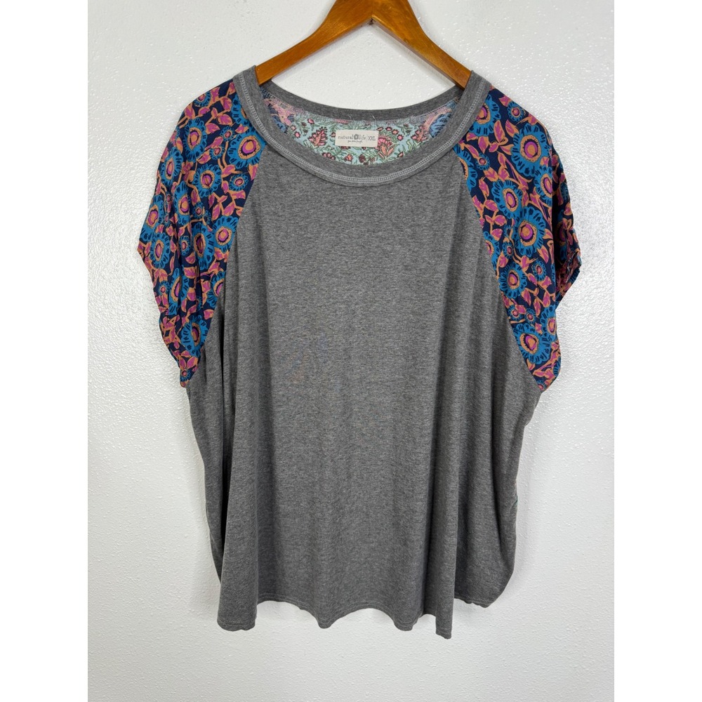 Natural Life Womens XXL Floral Raglan Short Sleeve Mixed Print Boho Tee Grey